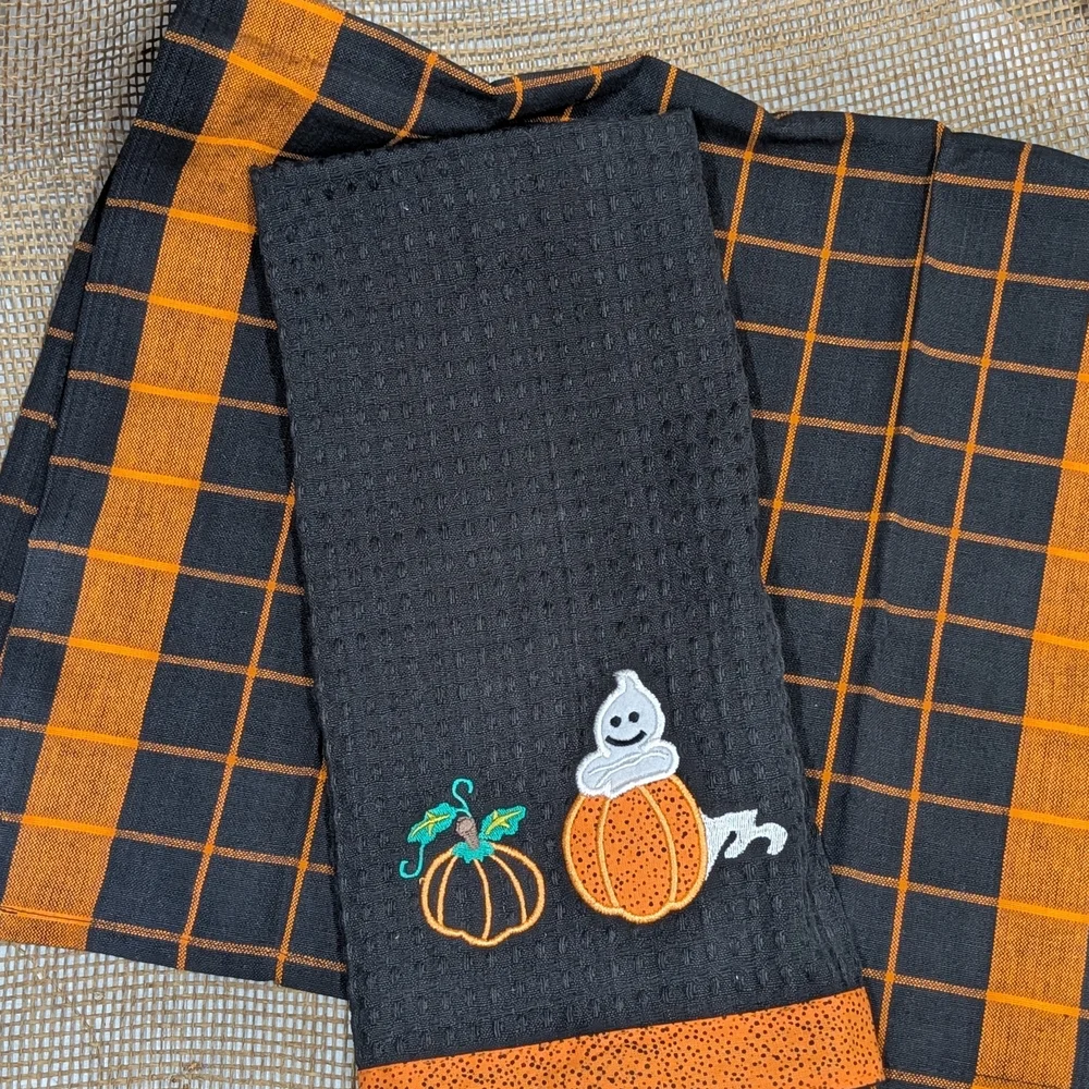 Halloween Kitchen Towels, Black & Orange, Cute Ghost Applique